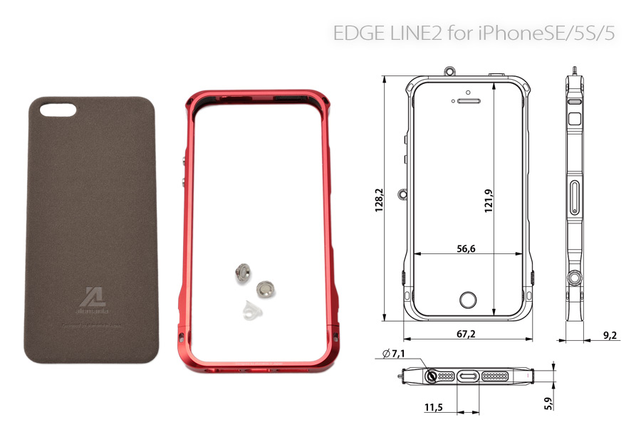 alumania EDGE LINE for iPhoneSE/5S/5 構成部品と寸法