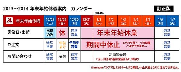 年末年始の休業期間中のストア受注も休止致します。