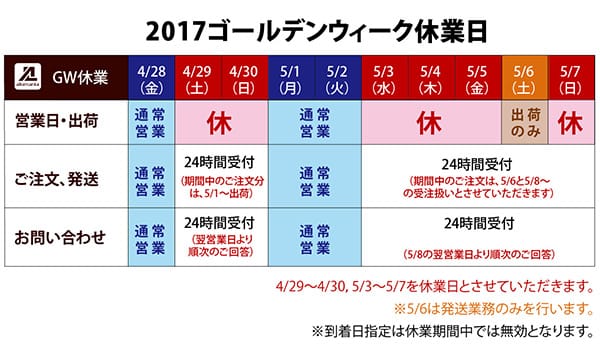 2017年度ゴールデンウィーク期間休業日のお知らせ