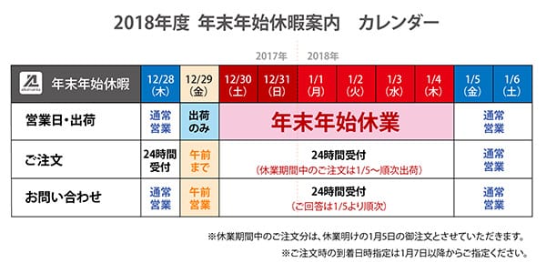 2018年度、年末年始休業日のお知らせ