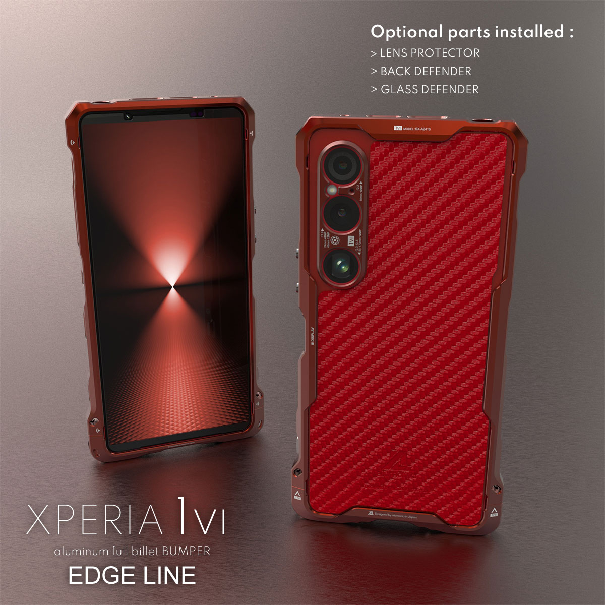 XPERIA1VIの本体色スカーレットとバンパーのレッドにオプション装着
