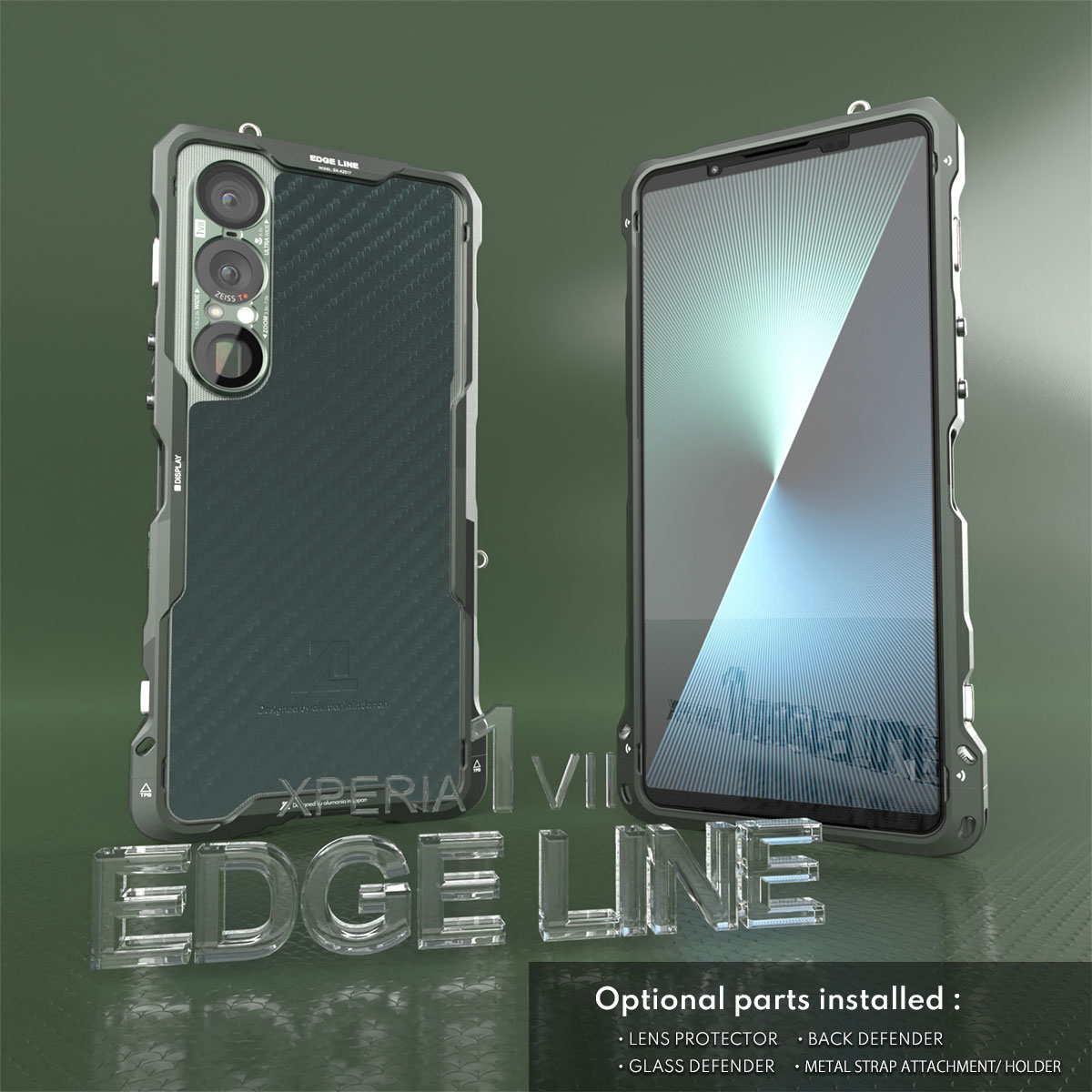 XPERIA1VIIの本体色モスグリーンとバンパーのグリーンにオプション装着