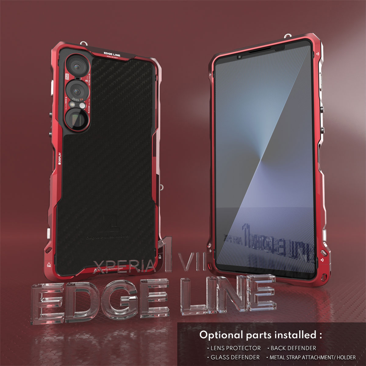 XPERIA1VIIの本体色スレートブラックとバンパーのレッドにオプション装着